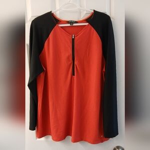 Lauren Ralph Lauren Waffle‑Knit Top – Red & Black Baseball Sleeve – Size 2X